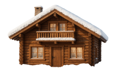 Snow-covered wooden chalet with frosted windows and a plume of