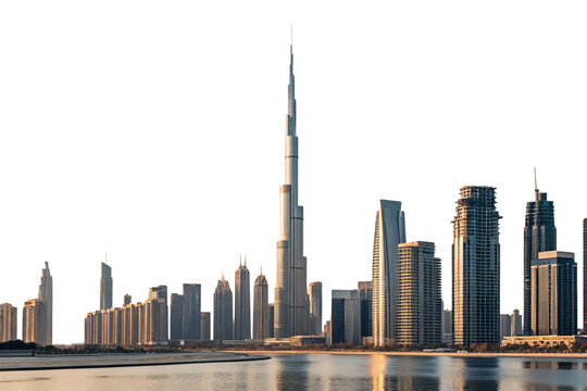 Dubai skyline featuring Burj Khalifa tower and modern skyscrapers reflected in calm water, isolated on a transparent background