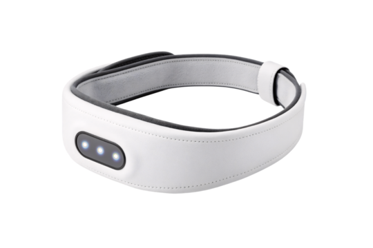 White curved neck massager with blue LED lights for pain relief and muscle relaxation, isolated on a transparent background