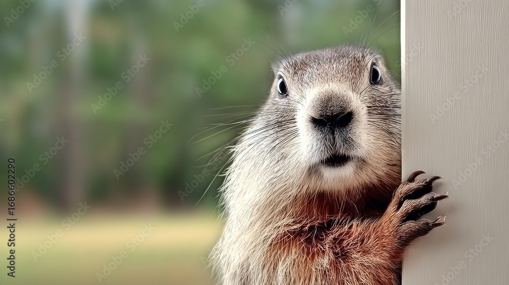 Poster a squirrel is peeking out from behind a wooden door. the image has a playful and curious mood, as th