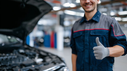 Close-up of mechanic giving thumbs up beside a well-maintained car, detailed view of uniform, gloves, and polished engine bay in a professional workshop