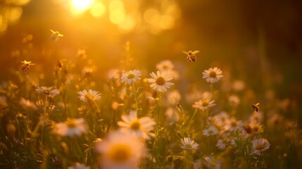 Fototapeta premium Golden hour lighting illuminating a wildflower meadow, bees hovering over blossoms, depth of field emphasizing layers of floral textures