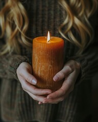 Illuminated candle held in hands against a dark background creating a serene atmosphere