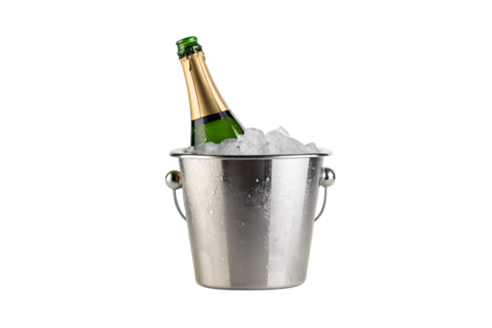 Champagne bottle in silver ice bucket filled with ice cubes and visible condensation for party occasions, isolated on a transparent background