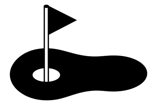 Minimalist black silhouette of a golf course putting green with a hole and pin flag. Simple vector icon for sport and recreation concepts. - Powered by Adobe