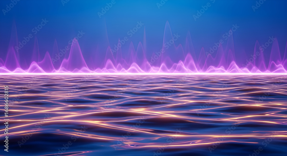Poster abstract digital landscape with glowing purple waves and illuminated grid pattern on a dark blue bac