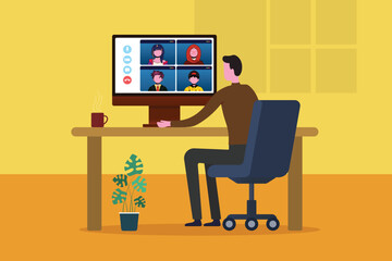 Remote Work and Online Meeting with Video Conference Flat Design