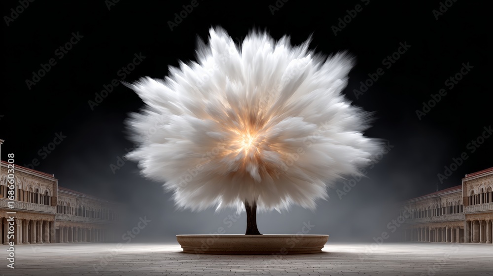 Poster a tree is blowing up in a courtyard with a fountain in the middle. the scene is dramatic and chaotic