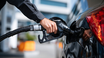 Close-up of hand holding gasoline nozzle, pouring fuel into tank, shiny car surface reflecting sky and surrounding gas station