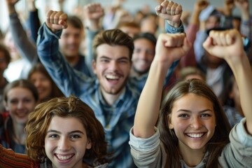 Delighted Command Students Raising Their Fists While Keeping Smile Our Win