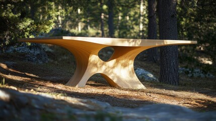 Minimalist birch plywood table isolated in pine grove, soft shadows of leaves dancing across its smooth surface
