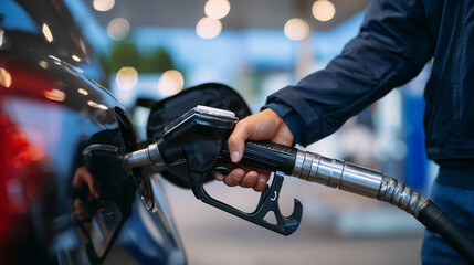 Refueling action close-up, personâs hand controlling fuel flow, polished car tank and metallic nozzle detailed, ambient background softly blurred
