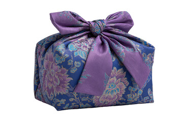 A wrapped gift bag, tied with a ribbon bow.  Purple and blue floral print