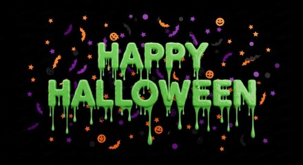 Spooky dripping happy Halloween text on black background with bats and stars for festive seasonal greetings