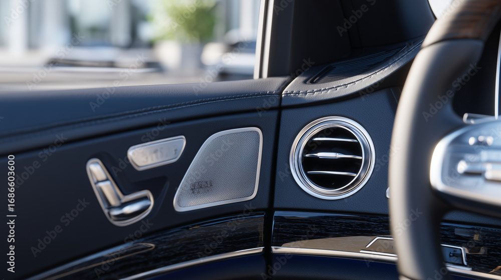 Poster close-up of a car's start-stop button with chrome trim, dark dashboard softly textured, reflections 