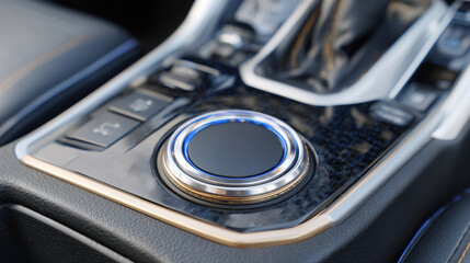Start-stop button close-up, metallic chrome edges contrasting with dark dashboard surface, high-detail automotive interior shot