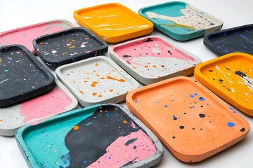 Set of hand-dyed concrete trays with splatter patterns and soft round edges 