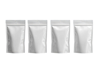 Four blank, white, foil-sealed pouches, arranged horizontally.  Each pouch has a zipper-top closure and a small, white, hanging tab.  The pouches are a matte, slightly wrinkled.