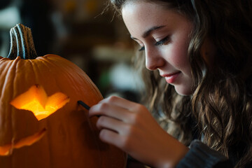 Happy excited family carving Helloween pumpkins making creepy face holiday preparation, Generative AI