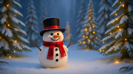 Obraz premium Adorable Snowman Wearing Red Scarf Magical Christmas Lights in Snowy Forest