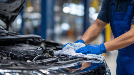 Detail shot of car engine being polished, mechanic in blue gloves moving cloth over metallic surfaces, emphasizing care and thorough cleaning