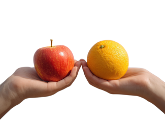 Two hands hold an apple and orange