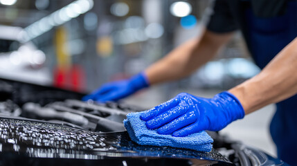 Close-up of hands in blue gloves wiping car engine with blue cloth, metallic engine components glistening under garage light