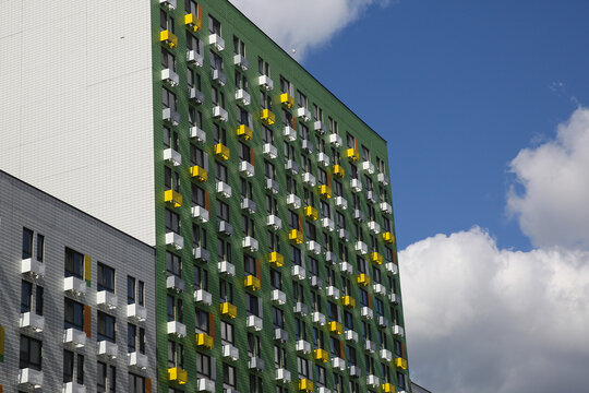 Facades of houses in the new microdistrict called Buninskie Lugy ("BUNIN'S MEADOWS" HOUSING COMPLEX) of August 16, 2025, in Moscow, Russia