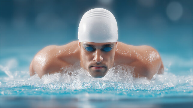 Male swimmer in white cap starting race in pool with strong forward motion, water splashes under bright light symbolizing strength, endurance, determination, sport and competitive swimming action.