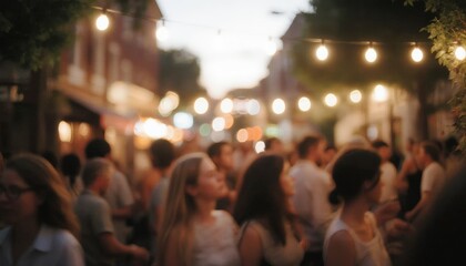 Vibrant street scene filled with people and string lights at dusk. Blurred Background