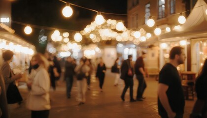 Vibrant night scene with people and glowing lights in a bustling atmosphere. Blurred Background