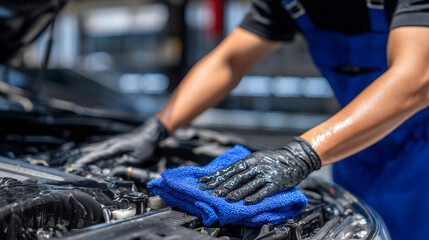 Close-up of mechanicâs hands in gloves carefully polishing engine bay, blue cloth emphasizing meticulous maintenance work