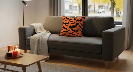 Cozy living room with modern gray couch, and festive Halloween bat pillow ready for spooky season decor