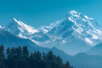 Majestic snow-capped mountains in the distance.