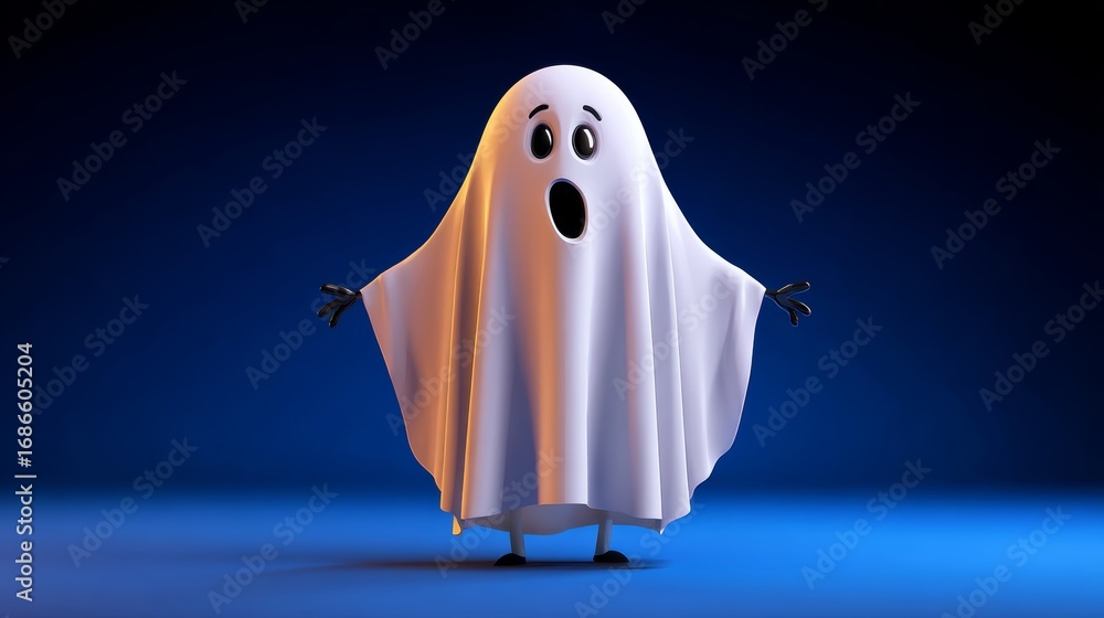Poster a ghostly figure with a white sheet draped over it is standing in front of a blue background