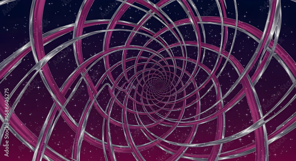 Poster abstract swirling fractal pattern in shades of pink and purple with a starry background, creating a 