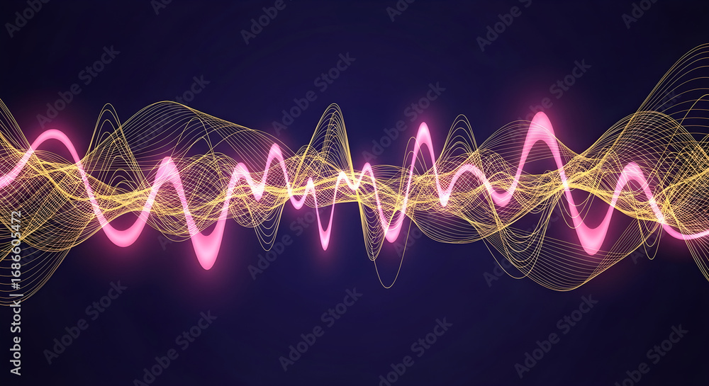 Poster abstract visualization of a sound wave or data stream, with glowing pink and golden particles formin