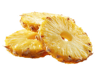 Three slices of golden pineapple, arranged overlapping.  The slices are circular, showcasing the fruit's characteristic textures and pattern of the crown.  