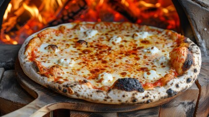 Savor the irresistible bubbling cheese pizza, freshly baked to perfection in a wood fired oven