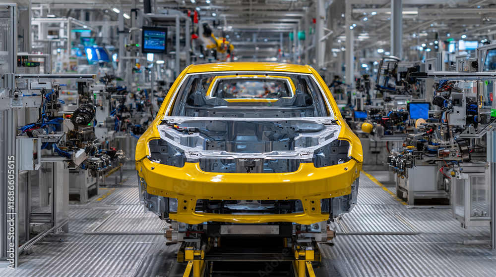 Aufkleber high-angle view of yellow vehicle frame on production line, robots and tools arranged around, reflec
