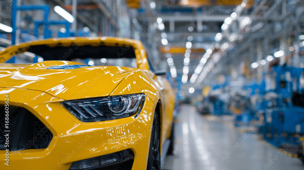 Poster macro close-up of unfinished yellow car body, smooth surfaces and sharp edges highlighted, industria