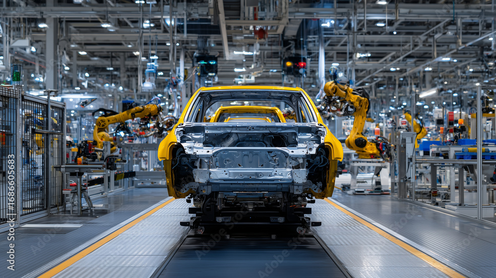 Poster wide composition of yellow vehicle frame on assembly line, polished metallic surfaces, robots and co