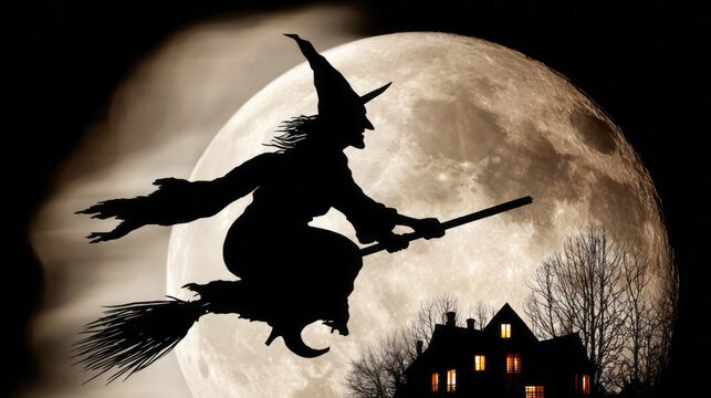 Witch flying over a foggy village under a full moon in the night sky