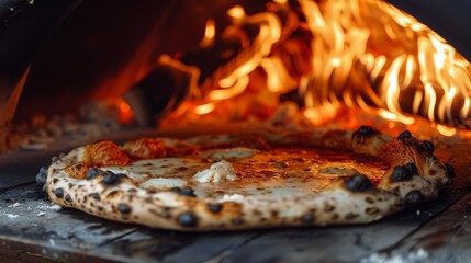 Irresistibly delicious bubbling cheese pizza freshly baked in a traditional wood fired oven