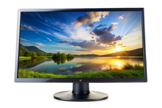 Modern flat screen desktop computer monitor displaying vivid landscape scenes transparent background