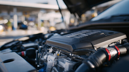 Macro image of car engine wires and hoses, industrial textures and metallic finishes emphasized, high-resolution mechanical details
