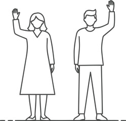 Two people, a man and a woman, waving hello with their hands raised, isolated on transparent background