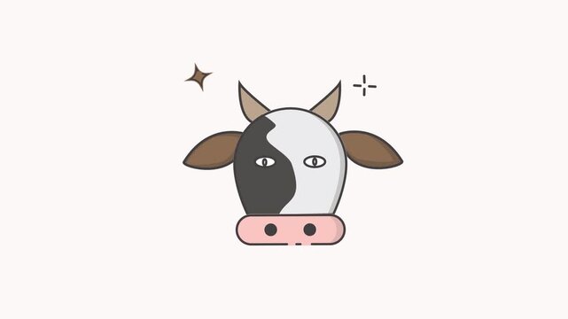 Animated Cow Eating Grass Minimal flat vector illustration of a cow head with black and white spots, horns, and pink snout, symbolizing dairy farming and agriculture.