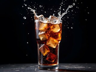 Cool, dark cola splashes with ice cubes in a glass against a black background.