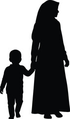 Silhouette of a mother wearing a hijab holding hands with her child, isolated on transparent background